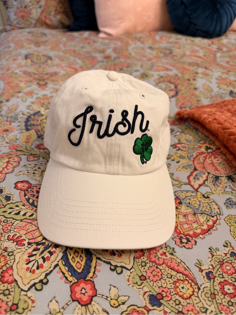 Notre Dame Embroidered Baseball/Golf Cap - Cream with Green Clover